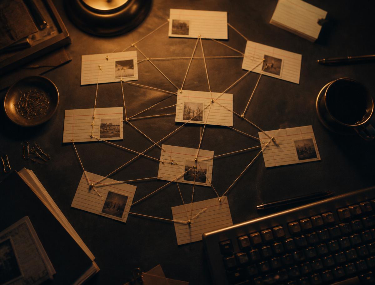 Index cards connected with thread across a dim desk, forming a system map