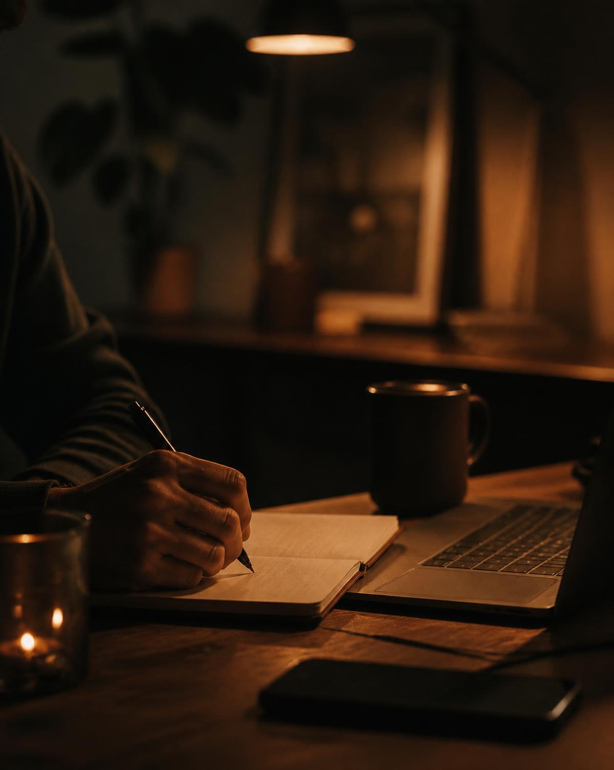 A hand writing in a notebook next to a laptop in a warm, dim room